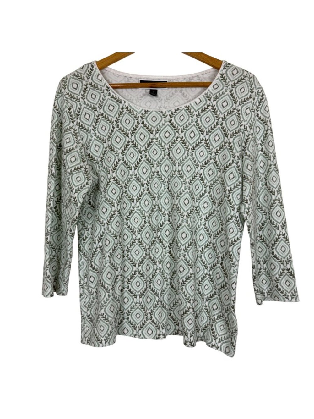 Karen Scott Casual Women's Top Sz Medium Diamond Leaf Pattern 3/4 Sleeve Green